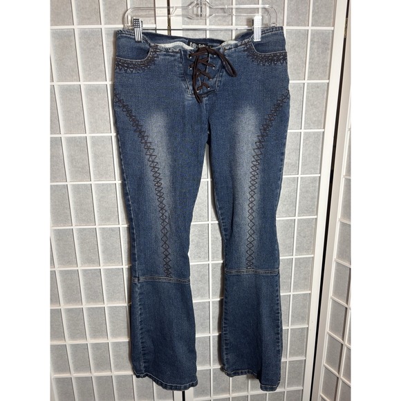 Vintage Y2k Street Code Flare Leg Lace Closure Jeans Low Rise Size 5 Boho - Picture 1 of 8